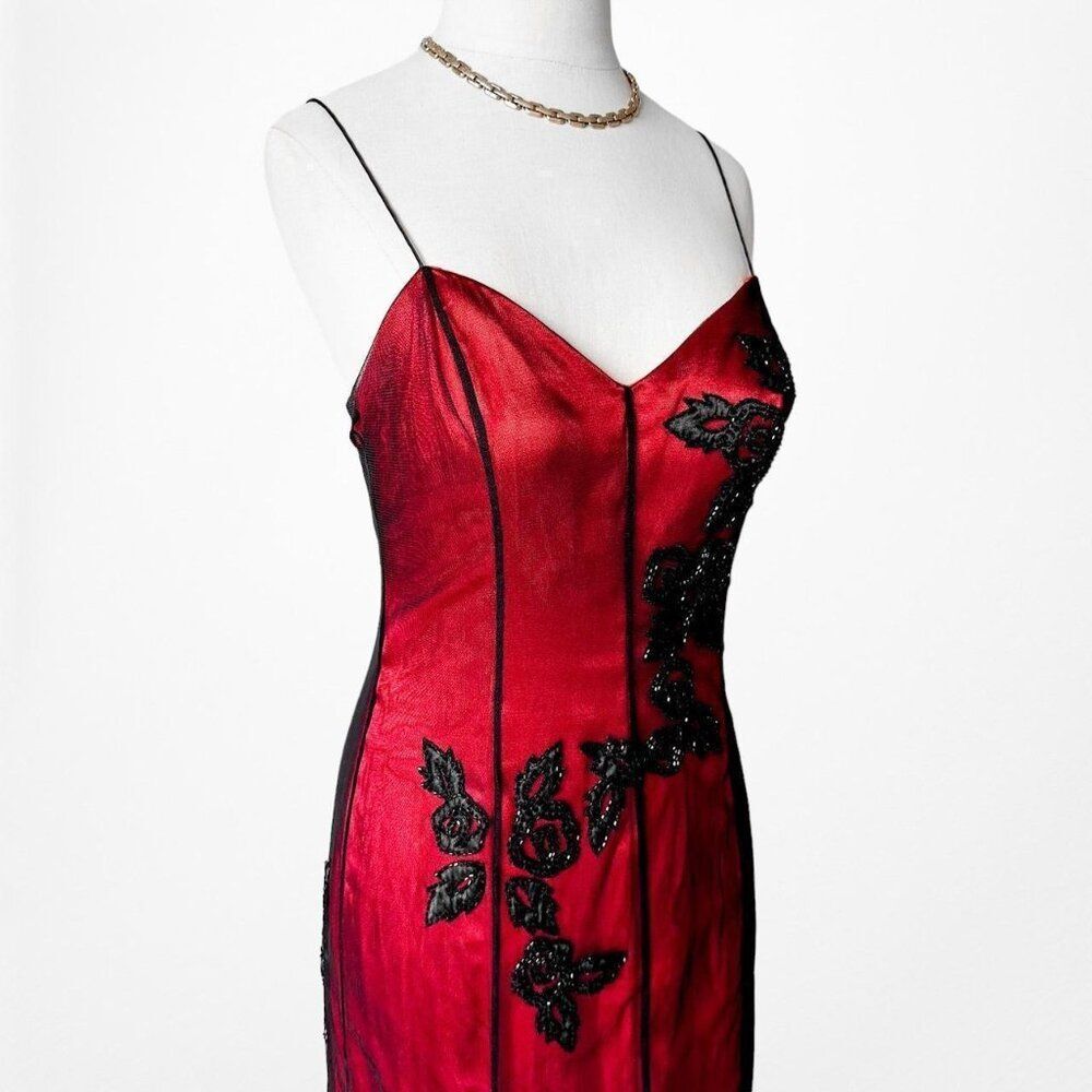 Vintage Y2K Burgundy Red Floral Beaded Embroidered Mesh Bodycon Maxi Prom Dress - Picture 9 of 11